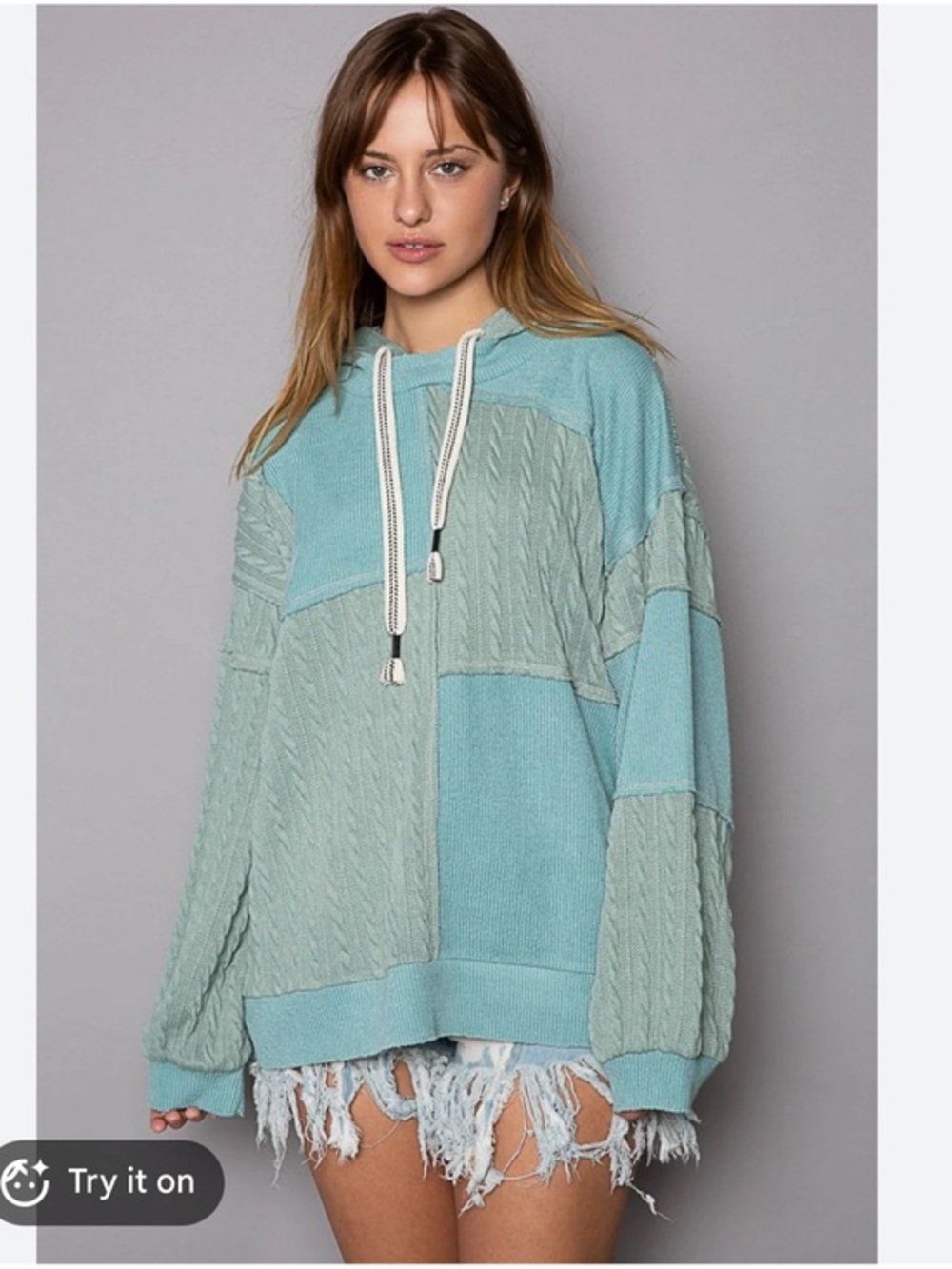 POL Patchwork Hooded Sweater Sage Teal M